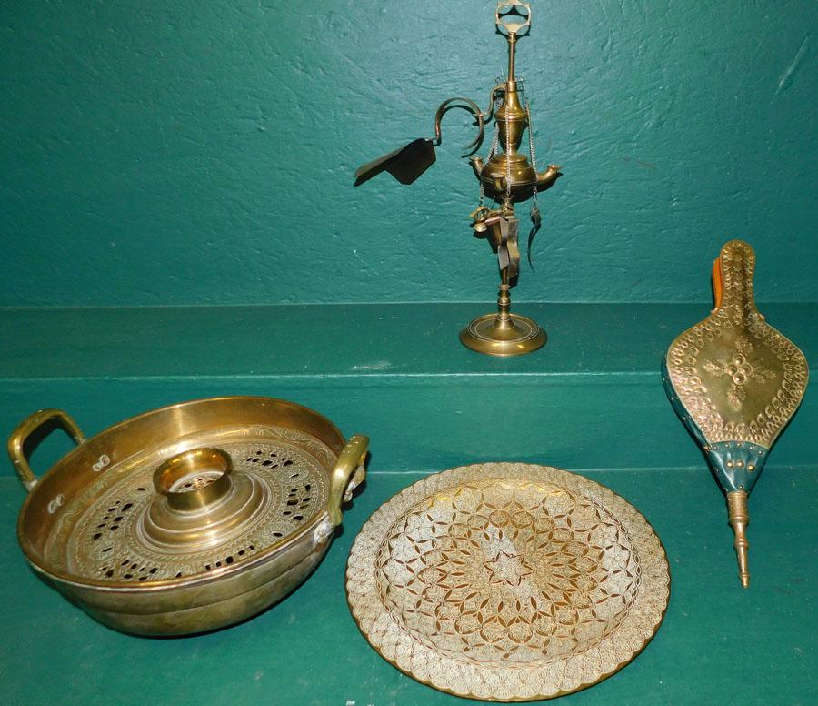 Brass Censor -- Brass Lamp -- Fire Bellows -- Charger: Brass Censor -- Brass Lamp -- Fire Bellows -- Charger. 17" H (Largest)