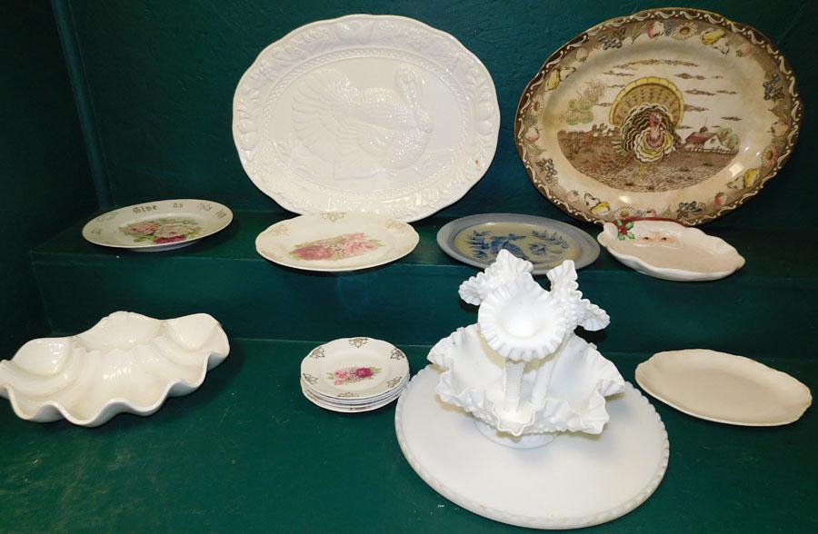 Lot Porcelain Platters -- Milk Glass Epergne -- Misc.: Lot Porcelain Platters -- Milk Glass Epergne -- Misc.. 19" W (Largest)
