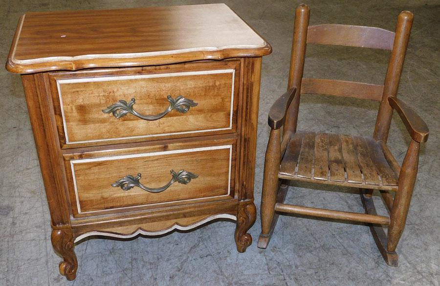 Night Stand & Childs Oak Rocker: Night Stand & Childs Oak Rocker. 21" W 14 1/4" D 23 1/4" H (Dresser)