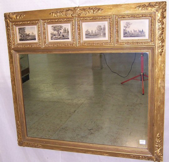 Gold leaf Trumeau type mirror with horse prints : Gold leaf Trumeau type mirror with horse prints across top (44" x 42")