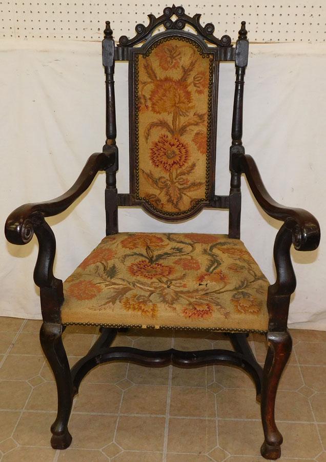 18th C Walnut Arm Chair W/ Needlepoint Upholstery: 18th C Walnut Arm Chair W/ Needlepoint Upholstery. 47" H