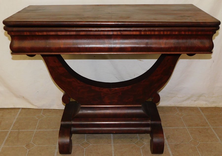 19th C Empire Mahogany Fold Over Game Table: 19th C Empire Mahogany Fold Over Game Table. 36 1/2" W 18 1/2" D 28 1/4" H