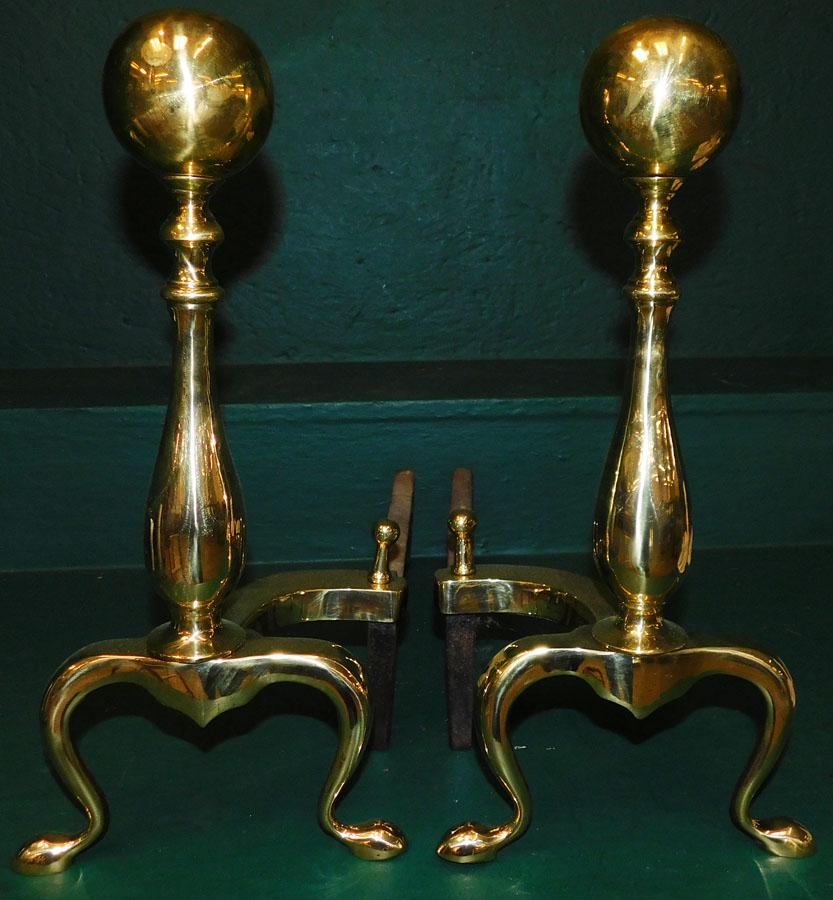 Pair Polished Brass Cannonball Andirons (1 of 2)