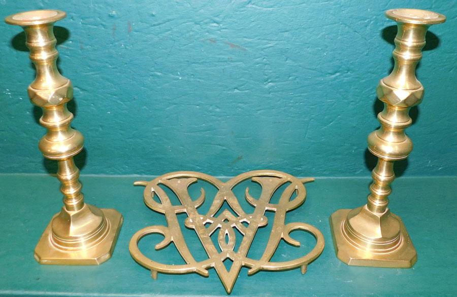 Pair Brass Candlesticks & CW Trivet (1 of 4)