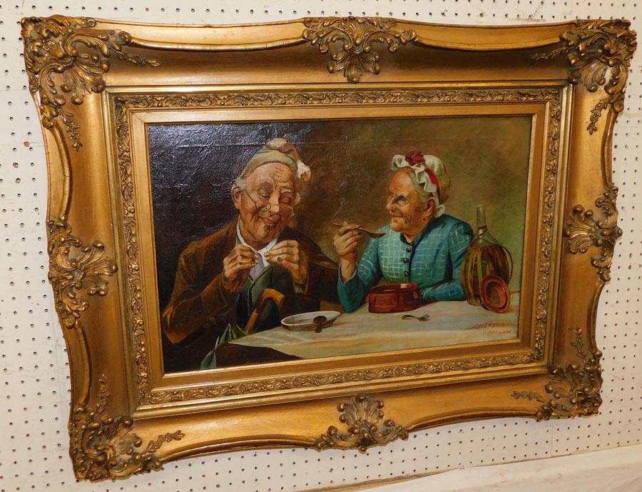 19th C OOC " Old Couple" Signed In Gilt Ornate Frame (1 of 4)