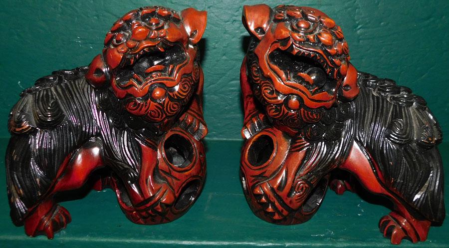 Pair Carved Wood Foo Dogs: Pair Carved Wood Foo Dogs . 8" H