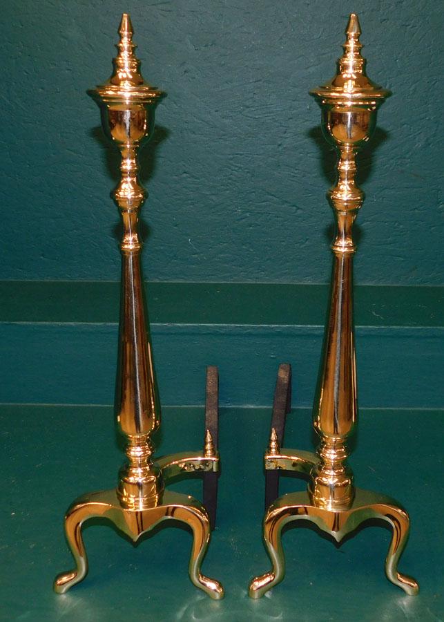 Pair Polished Brass Andirons: Pair Polished Brass Andirons. 24" H