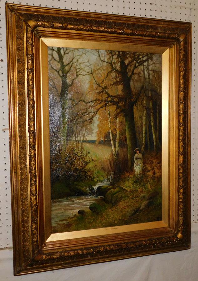 19th C OOC " Lady By Stream " Signed J. Thomas (1 of 7)
