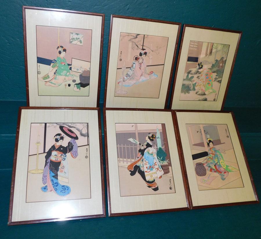 Six Framed Oriental Watercolors W/ Character Marks (1 of 7)