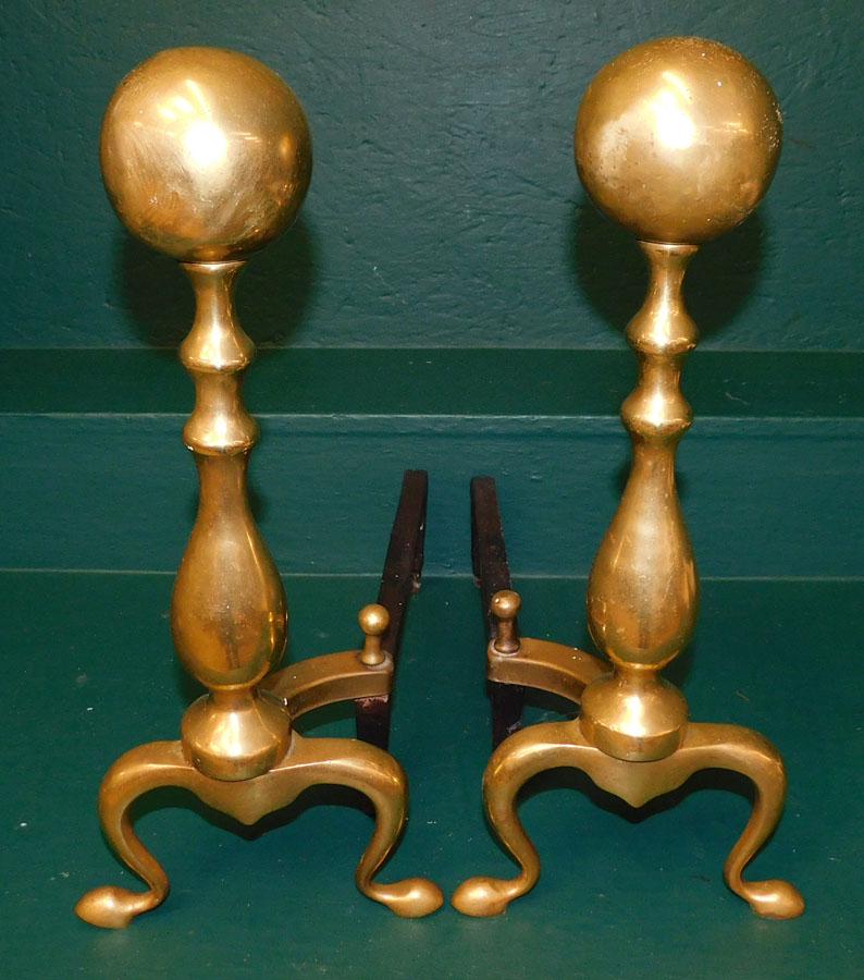 Pair Brass Cannonball Andirons (1 of 1)