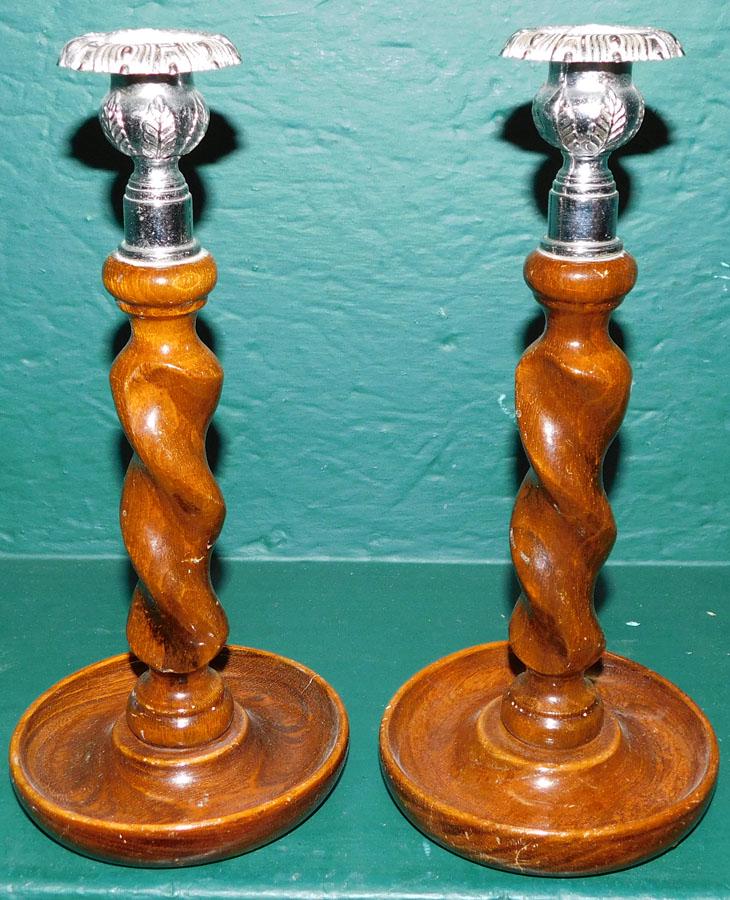 Pair Oak & Metal Barley Twist Candlesticks (1 of 1)