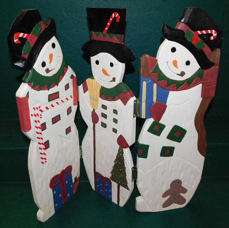 Painted Wood Carved Folding Snowman Stand: Painted Wood Carved Folding Snowman Stand. 24" H