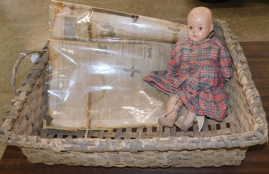 Antique Paper Mache Doll -- Split Oak Basket (1 of 2)