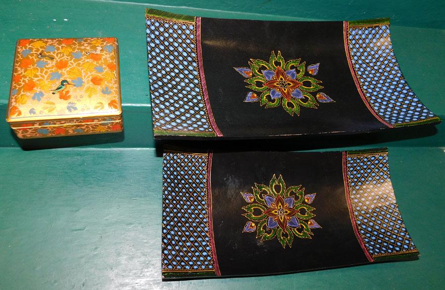 2 Hand Painted Wood Carved Trays & 1 Wood Box (1 of 2)