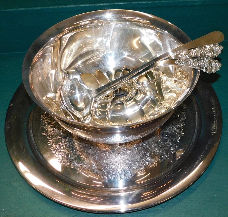 Silverplate Punchbowl (Gorham), Undertray, 3 Ladles: Silverplate Punchbowl (Gorham) -- Undertray -- 3 Ladles. 21" Dia (Undertray)