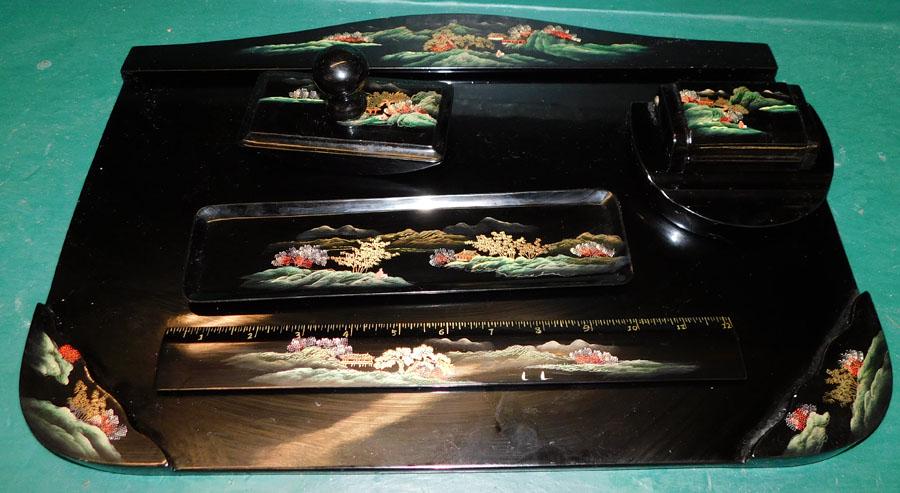 5 Pc Black Lacquered Paint Decorated Desk Set (1 of 2)