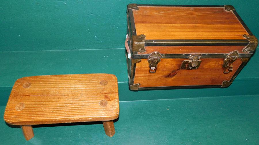 Antique Doll Trunk W/ Contents & Pine Stool (1 of 3)