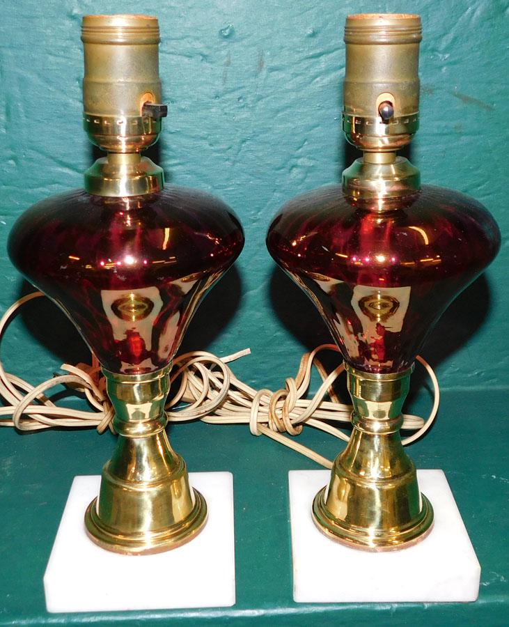 Pair Ruby Glass & Marble Base Lamps (1 of 1)