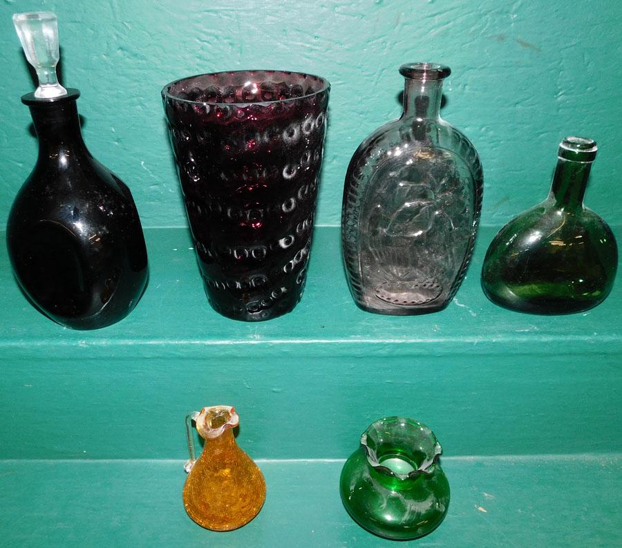 Colored Glass 2 Vases-- 2  Bottles-- Eagle Flask -- (1 of 3)