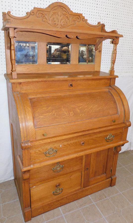 Oak Victorian C-Roll Mirrored Back Secretary (1 of 4)