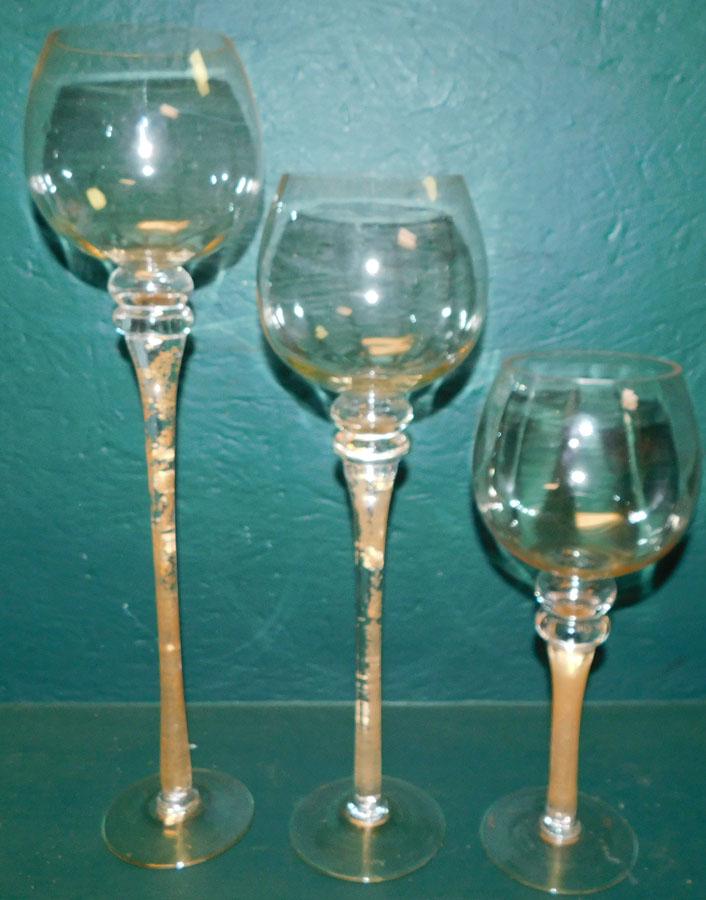 Three Large Graduated Decorative Wine Glasses: Three Large Graduated Decorative Wine Glasses. 18 1/2" H