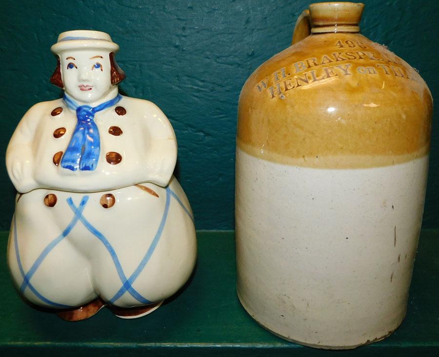 Porc Cookie Jar & W. H. Brakspear & Sons Jug: Unmarked Porcelain Cookie Jar & W. H. Brakspear & Sons Whiskey Jug (As Is). 12" H (Largest)