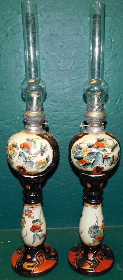 Pair Porcelain Paint Decorated Oil Lamps (1 of 3)