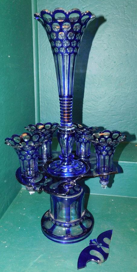 Cobalt Cut To Clear Epergne (Damaged): Cobalt Cut To Clear Epergne (Damaged). 23 1/2" H