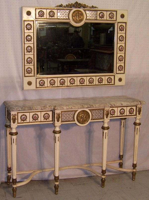 French marble top console table with mirror : French marble top console table with mirror and Sevres type plaques