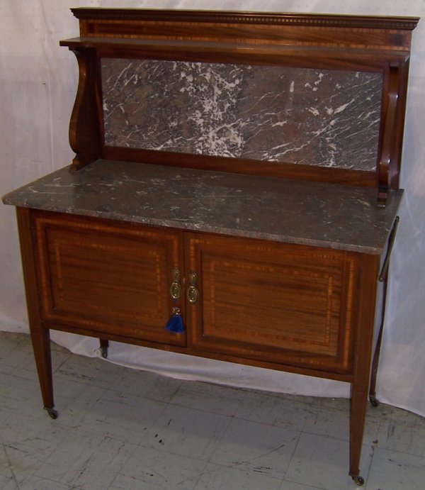 Inlaid Edwardian marble top and back washstand: Inlaid Edwardian marble top and marble back washstand