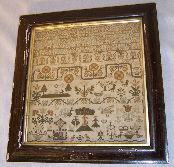 19th century needlework sampler, by Braxter, age 1: 19th century needlework sampler, by Braxter, age 13 (13" x 13 2/4")