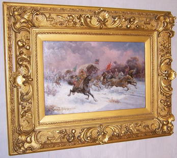 Battle scene Oil painting on wood panel, signed: Battle scene in the snow Oil painting painted on wood panel, signed - 29 3/4" X 23 1/2"