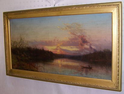 Oil on canvas - Lake scene camping scene, signed: Oil on canvas - Lake scene camping scene, signed (27" long, 15" high)