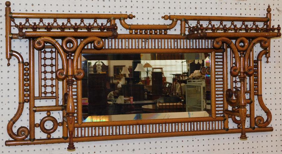 Vict Oak Stick & Ball Hanging Shelf w/ Mirror (1 of 5)