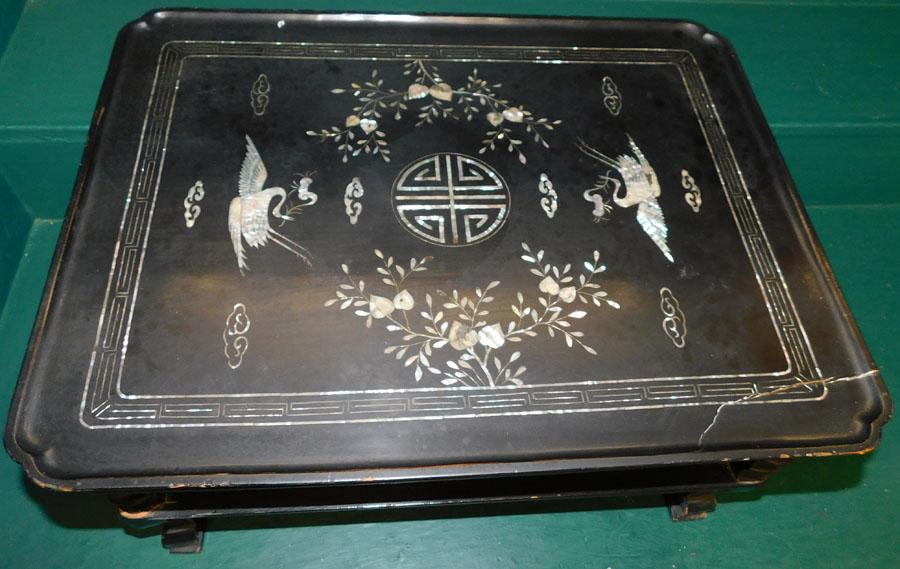 Black Lacquered MOP Inlaid Oriental Stand w Cranes (1 of 4)