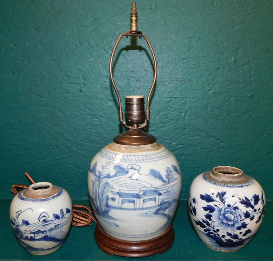 3 B&W Ginger Jars, 1 w Chip on Rim, (1 Made Into Lamp) (1 of 6)