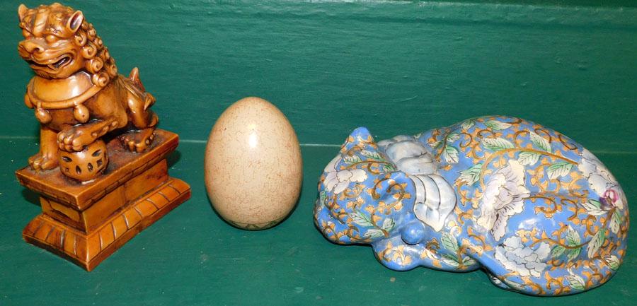 Oriental Porcelain Cat, Poreclain Egg, & Resin Foo Dog (1 of 2)