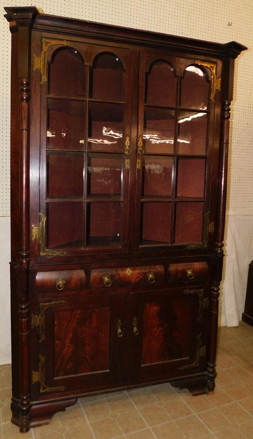 19th C Mah 2 Pc Corner Cupboard, (1 Glass Pane Missing) (1 of 5)