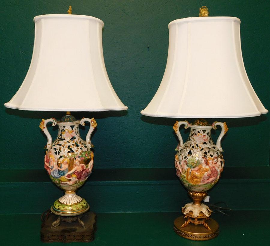 Pr Porc & Brass Capodimonte Urns Made Into Lamps (1 of 5)