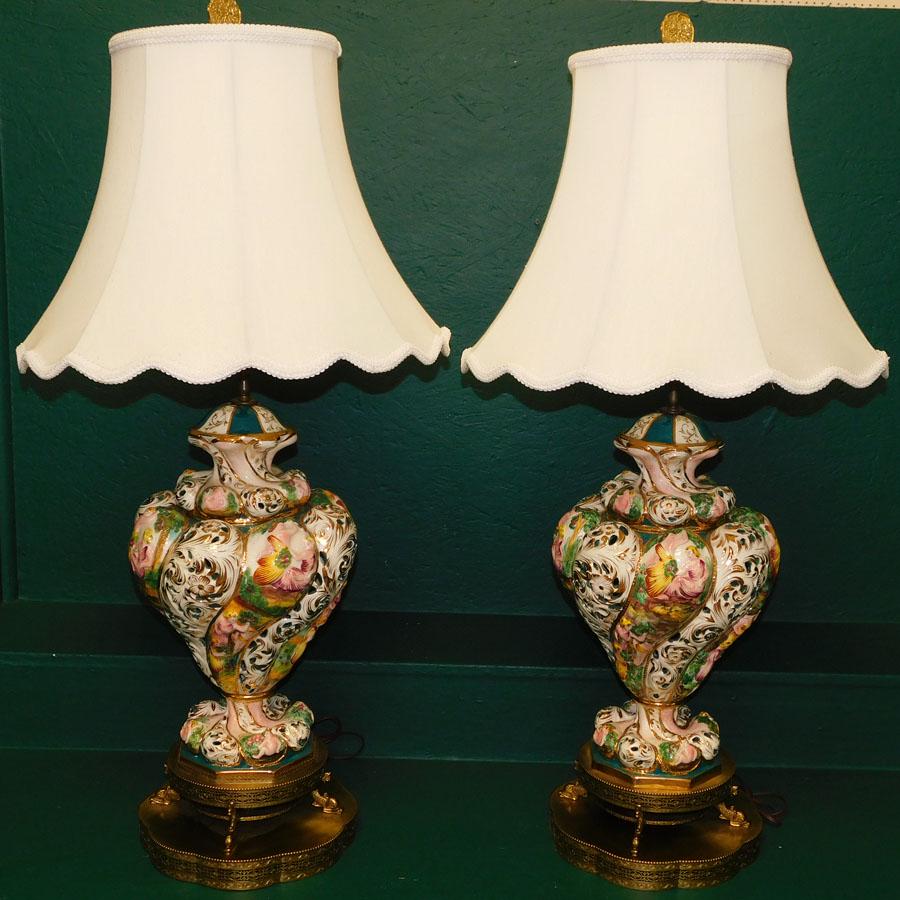 Pr Porc & Brass Capodimonte Vases Made Into Lamps (1 of 4)