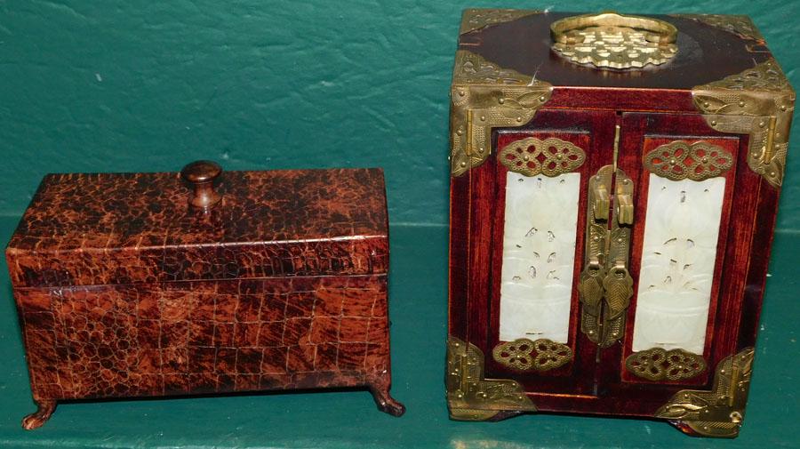 Metal Faux Leather Box & Mini Oriental Cab w/ Jade Ins. (1 of 4)
