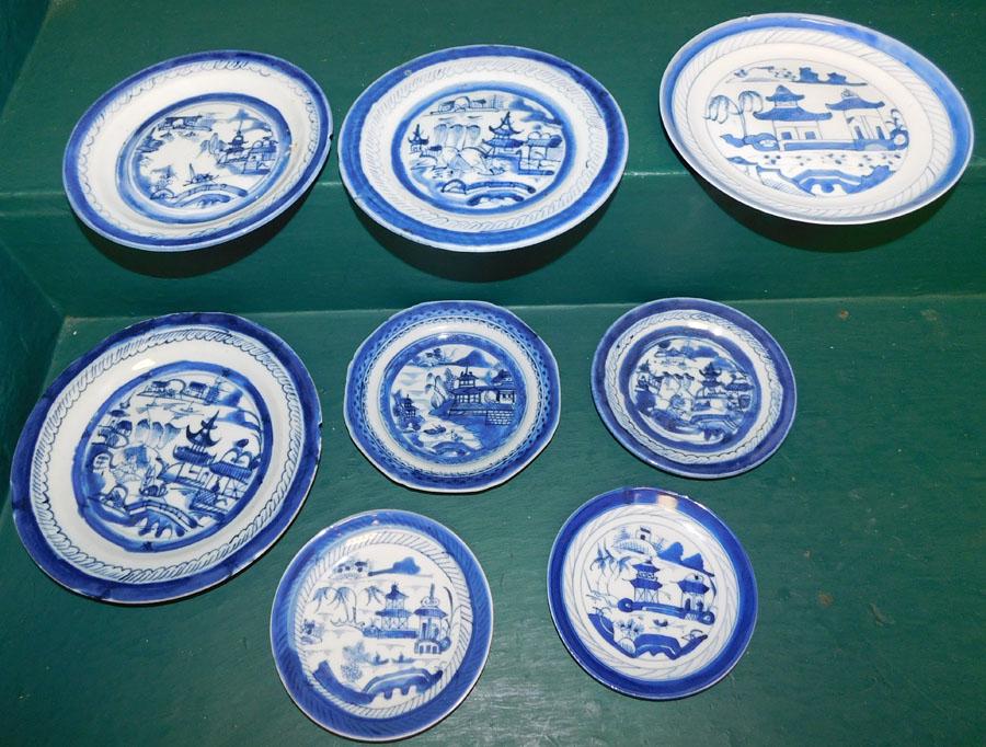8 Blue & White Canton Plates/Saucers: 8 Blue & White Canton Plates/Saucers. Up to 9" Dia.