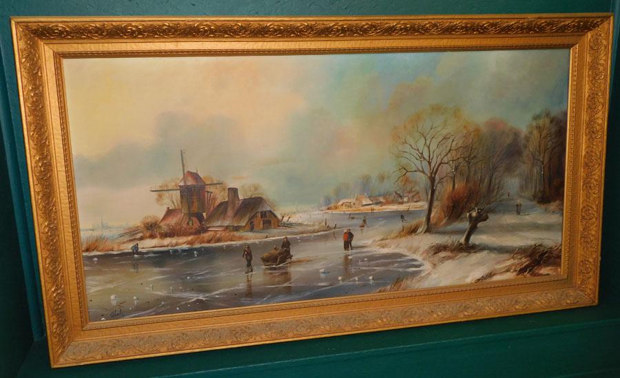 Large OOC Dutch Windmill Snow Scene Signed (1 of 6)