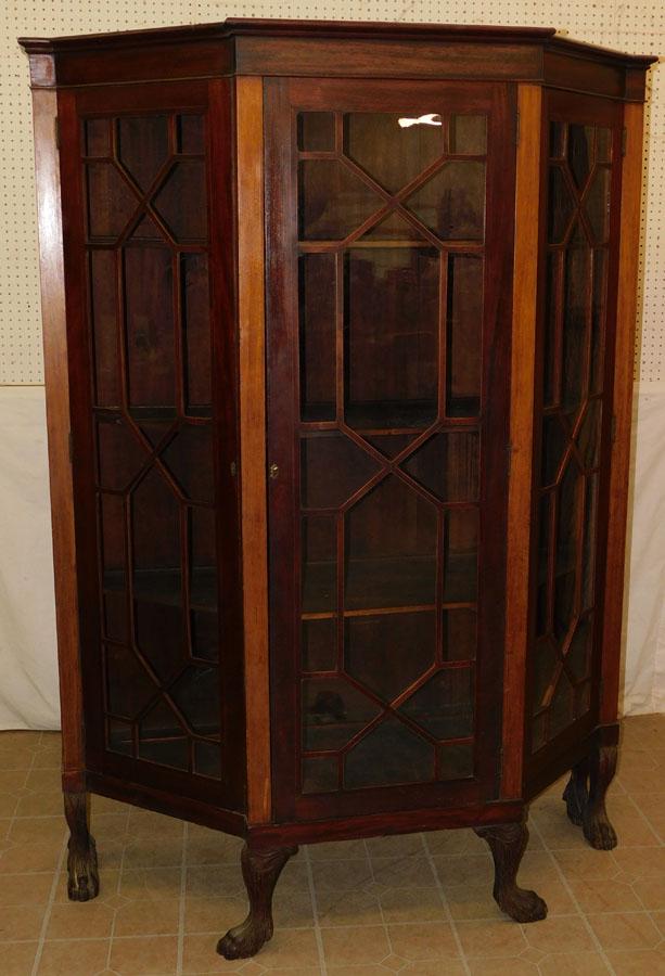 19th C Mah Inlaid China Cabinet with Hairy Claw Feet: 19th C Mahogany Inlaid China Cabinet with Hairy Claw Feet. 56" W 22 1/2" D 76 1/2" H