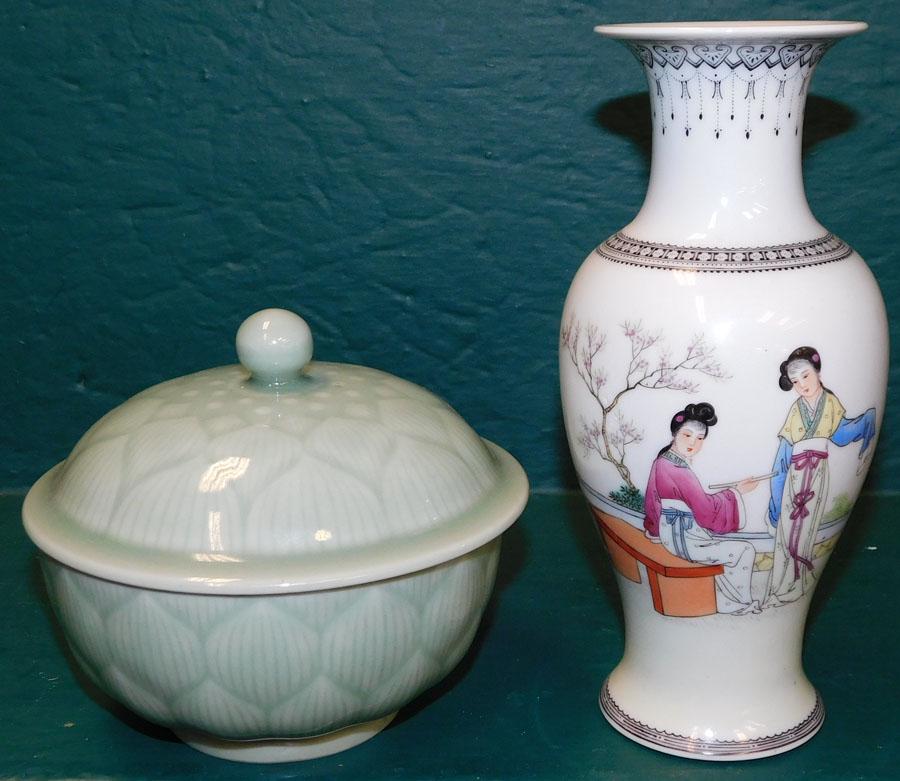 Oriental Porcelain Vase & Celadon Covered Bowl (1 of 5)