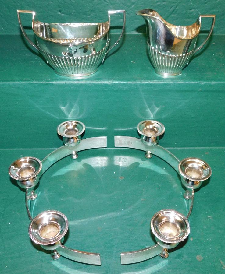 Sheffield Cream & Sugar & 2 Part 6 Light C/holder: Polished Sheffield Cream & Sugar & Sheffield 2 Part 6 Light Candleholder . Up to 9 1/2" W