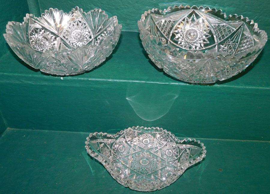 3 Pieces of Cut Glass, (Handled Dish & 2 Bowls) (1 of 3)