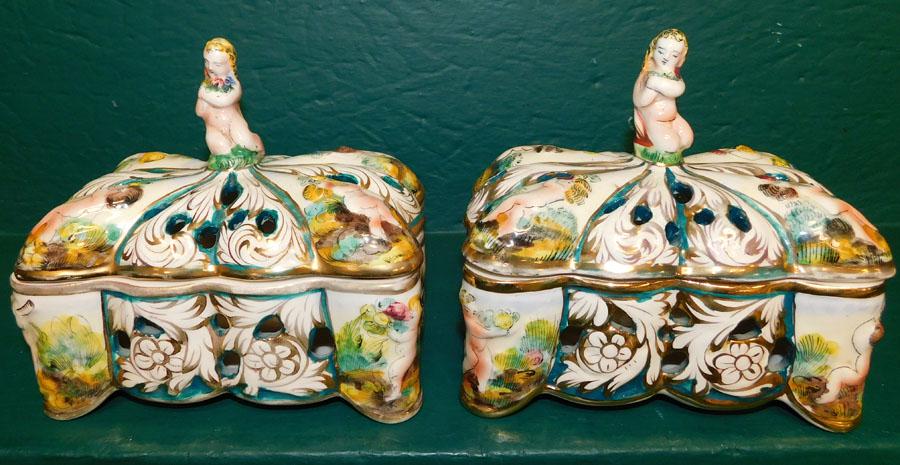 Pair of Capodimonte Dresser Boxes: Pair of Capodimonte Dresser Boxes. 7" W 4 1/2" D 6 1/2" H