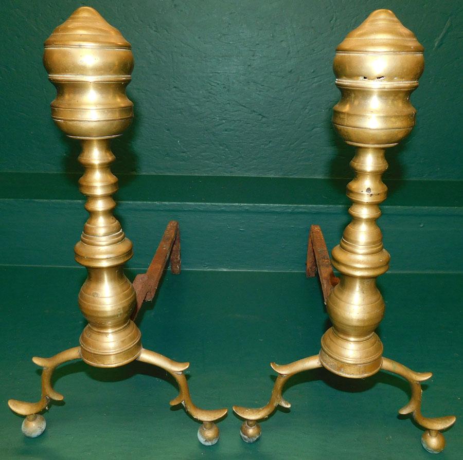 Pair of 19th C Brass Andirons: Pair of 19th C Brass Andirons. 18 1/4" H