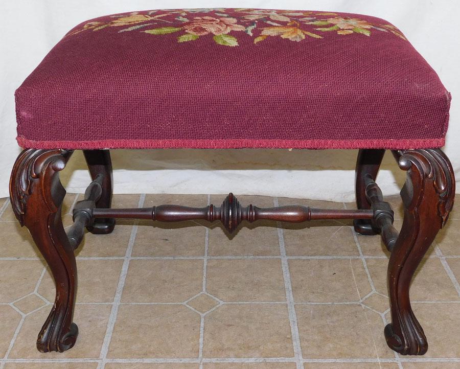 Carved Mah Stretcher Base Stool with NP Upholstery (1 of 3)